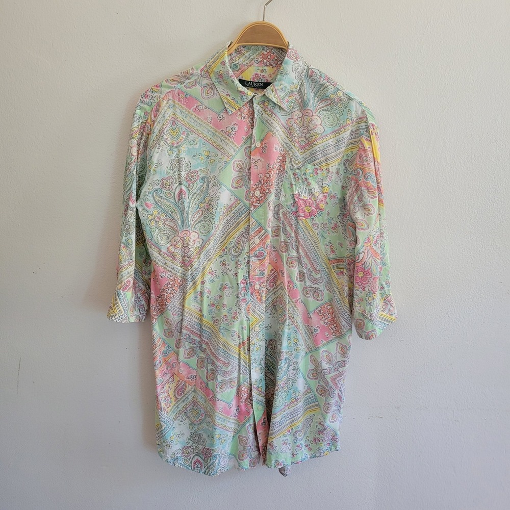Lauren Ralph Lauren Button Up Sleep Shirt Medium Pastel Patchwork Paisley Lounge